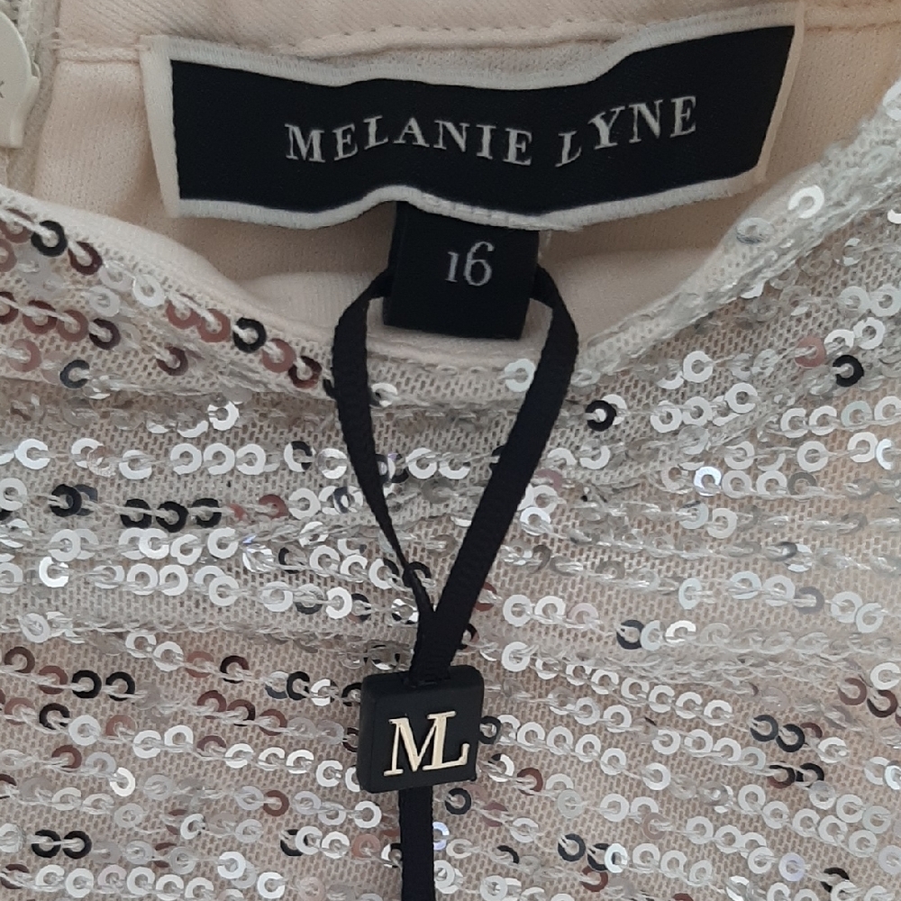 NEW๐MELANIE LYNE๐CREAM Silver Sequin WIDE LEG Jumpsuit with STRETCH Sz ML - Picture 5 of 13